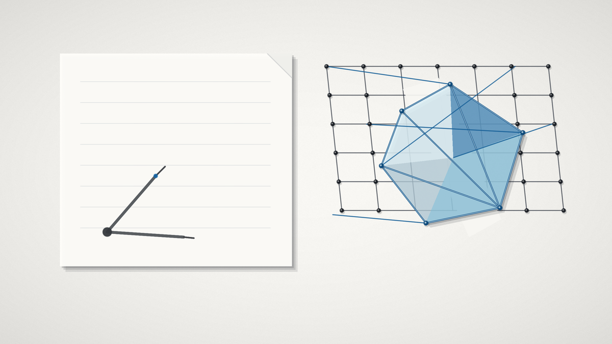 A broken geometric grid of pins and threads beside a proof manuscript, showing AI moving from explanation to mathematical discovery.