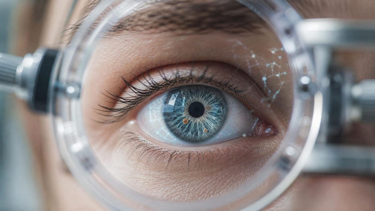 Close-up of a human eye with subtle genetic patterning, representing partial epigenetic reprogramming and cellular rejuvenation research.