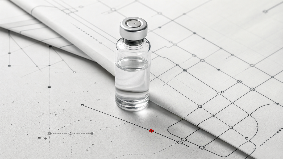 A sterile medicine vial over a modular protocol map, symbolizing personalized CRISPR becoming repeatable medical infrastructure