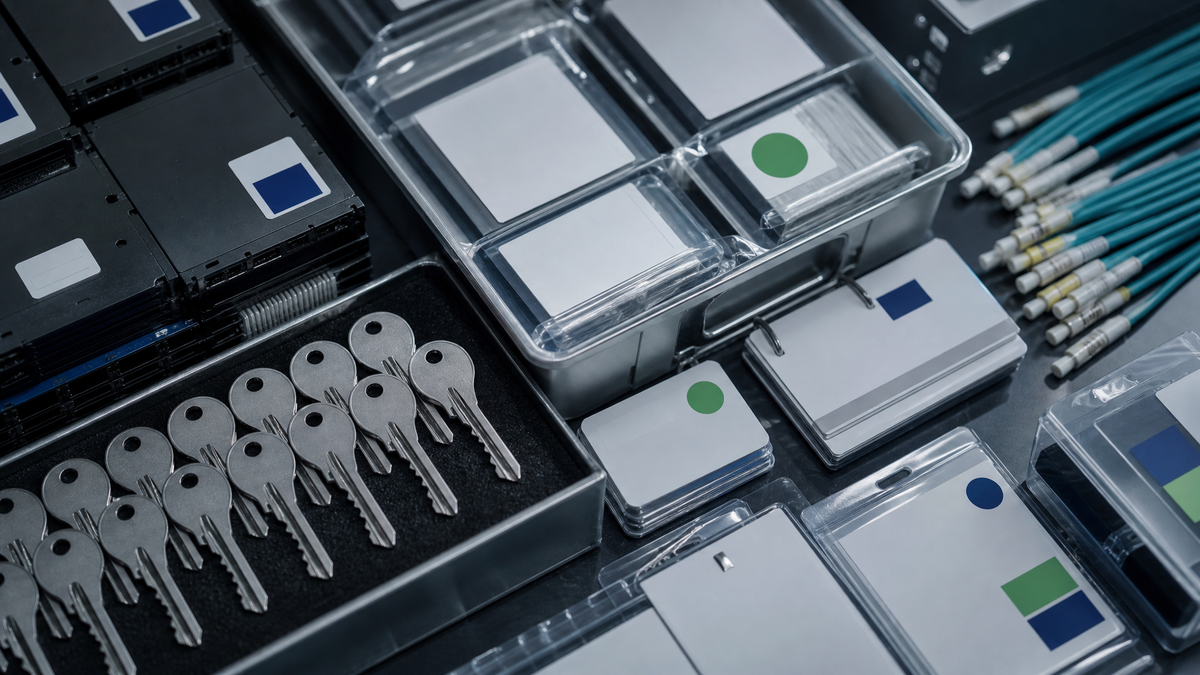 Cold-toned cryptographic inventory scene with old keys, blank asset cards, storage modules and cables arranged for a post-quantum migration audit.