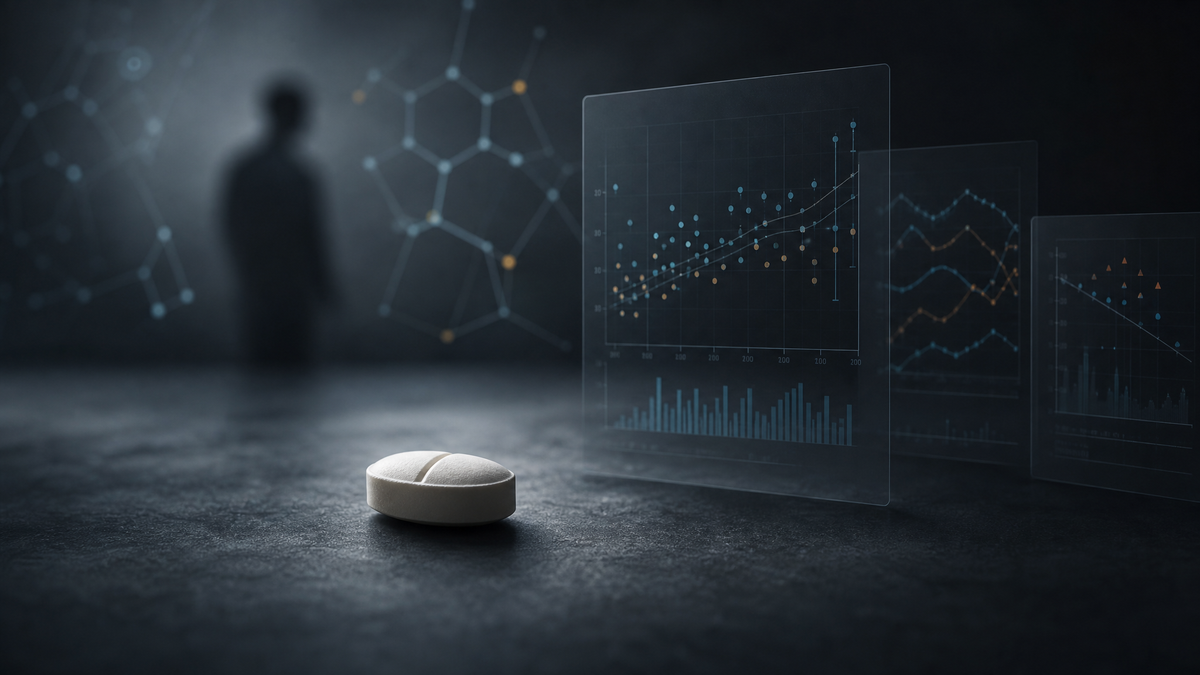 Rapamycin pill beside clinical trial data and abstract mTOR pathway graphics.