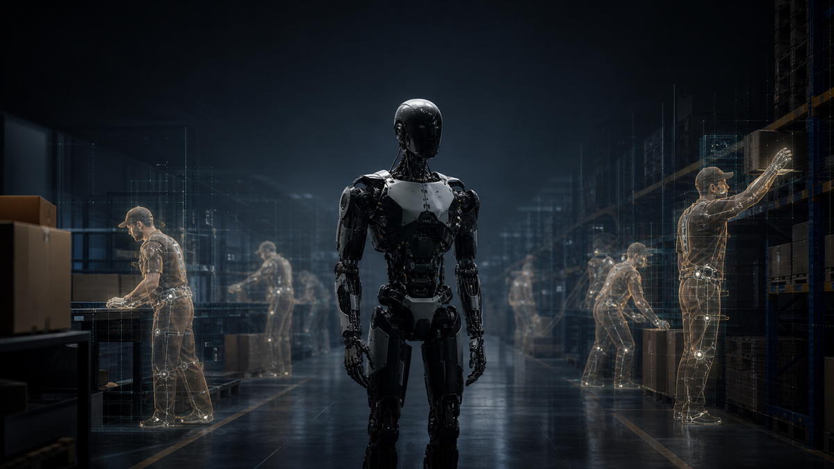 Humanoid robot in a warehouse corridor with faint worker silhouettes behind it, symbolizing hidden labor behind automation.