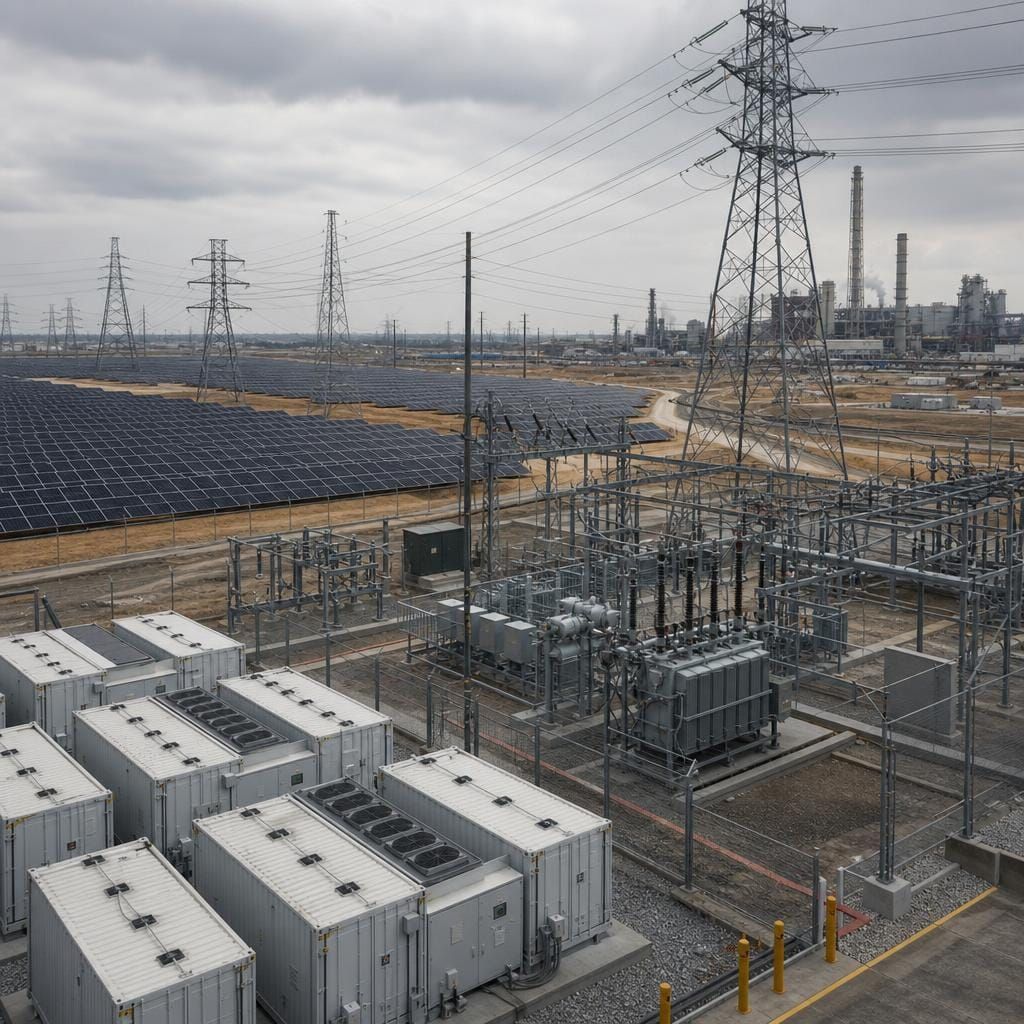 Editorial image of solar generation, grid infrastructure, and storage systems, symbolizing how cheap sunlight becomes useful power only through system integration.