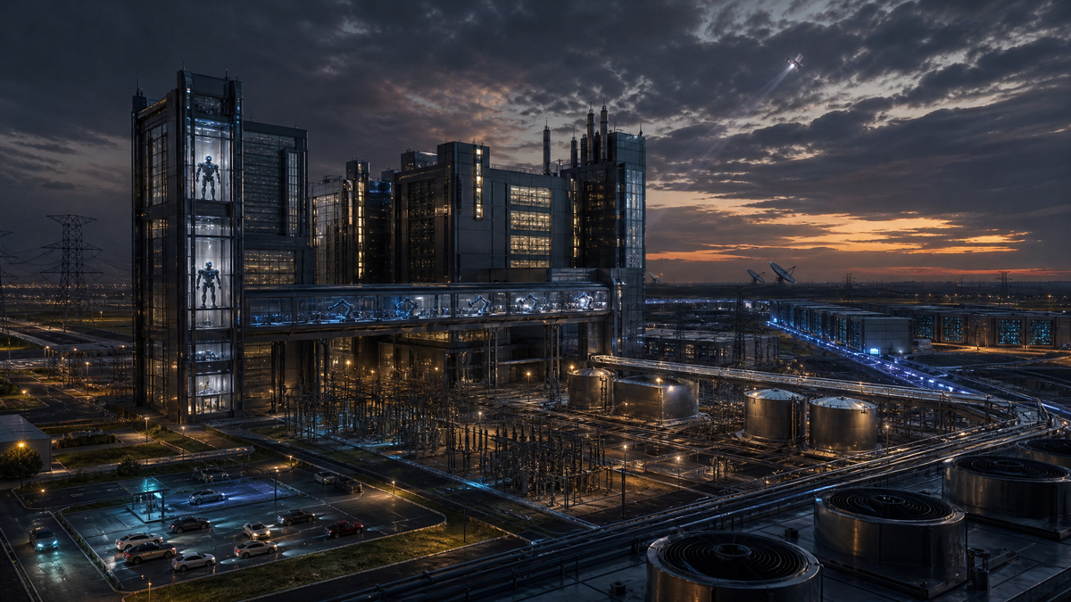 Editorial image of a giant AI chip megafactory connected to robotics, vehicles, satellites, and data center infrastructure, symbolizing the industrial race to control the AI hardware stack.
