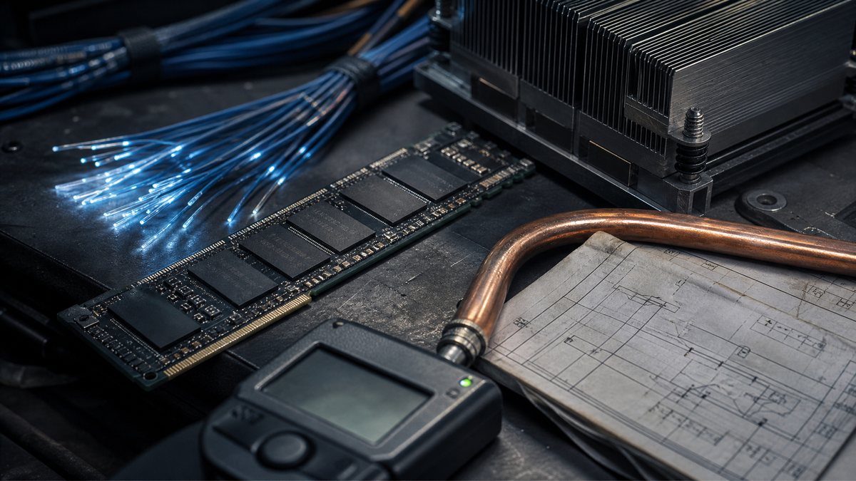 AI compute infrastructure shown through memory hardware, fiber cables, cooling equipment, and engineering plans on a dark workbench.