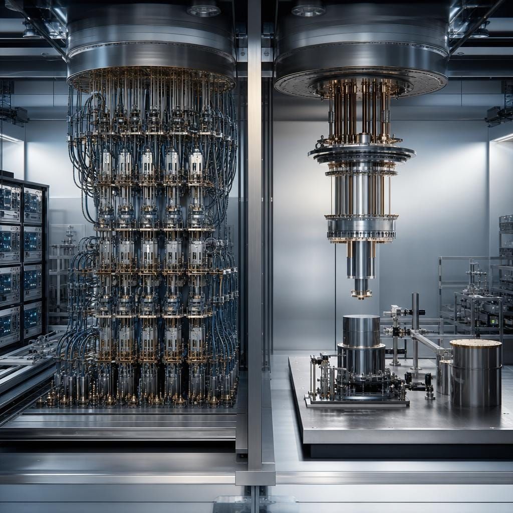 Editorial image of two contrasting quantum hardware setups in a precise laboratory environment, symbolizing the tradeoff between scalability and precision in fault-tolerant quantum computing.
