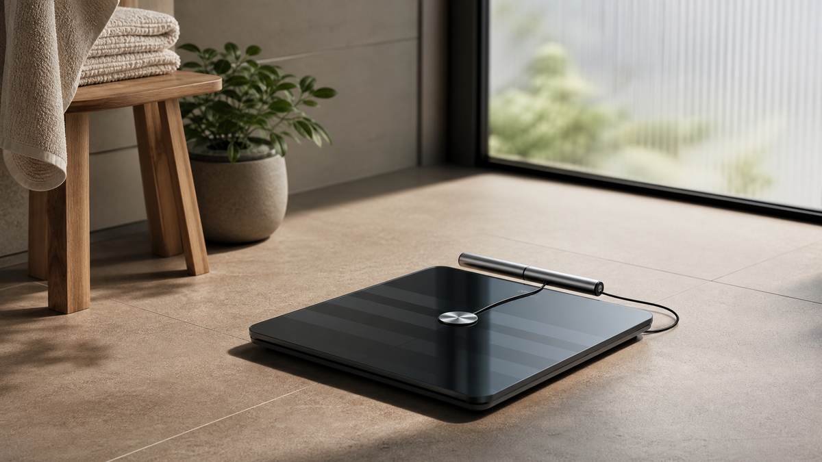 Withings Body Scan smart scale with retractable handle in a modern home setting, representing advanced at-home health tracking