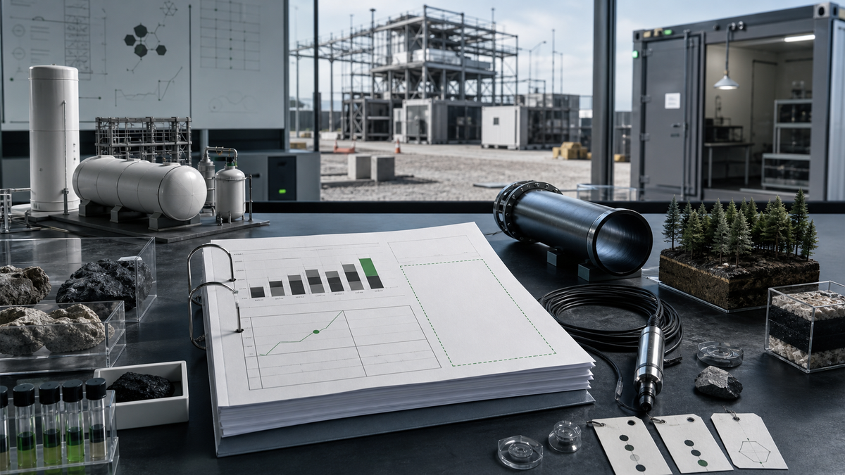 An unfinished carbon removal accounting system beside physical storage models, showing the gap between net-zero promises and verified removals.
