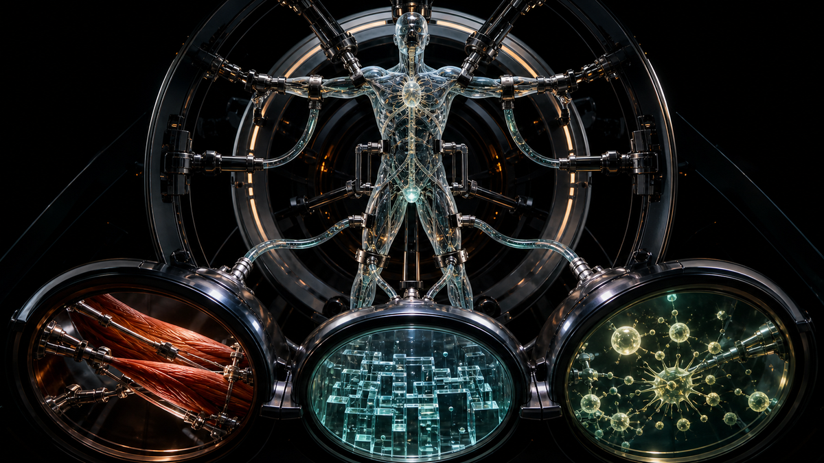 A translucent artificial human form is measured across muscle, cognition and immune-function test chambers.