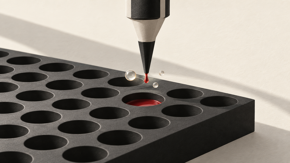 Conceptual pipette above a dark assay plate, with a red droplet and three delicate bubbles.