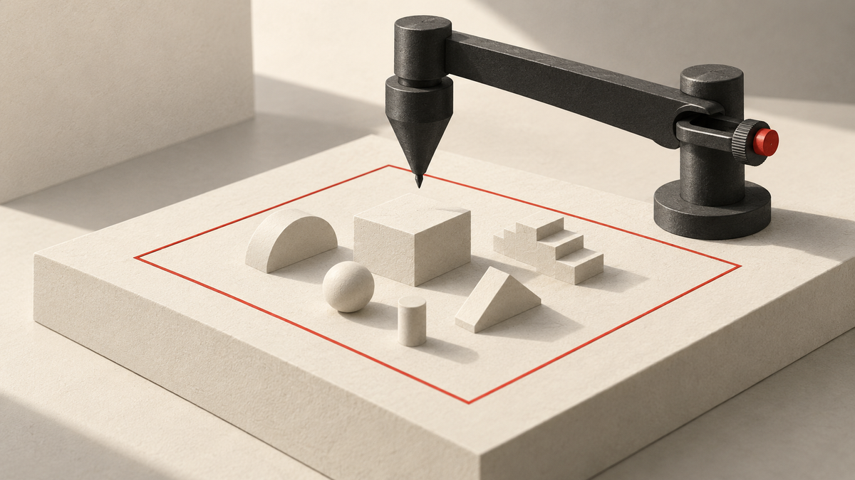 Conceptual illustration of a mechanical tool poised over a red boundary enclosing an ivory workspace.
