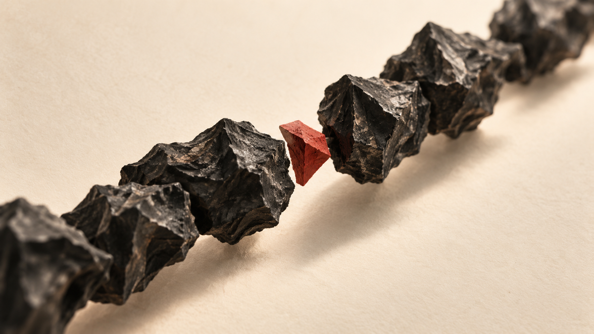 An angular red fragment interrupts a diagonal sequence of abstract dark textured forms against warm ivory.