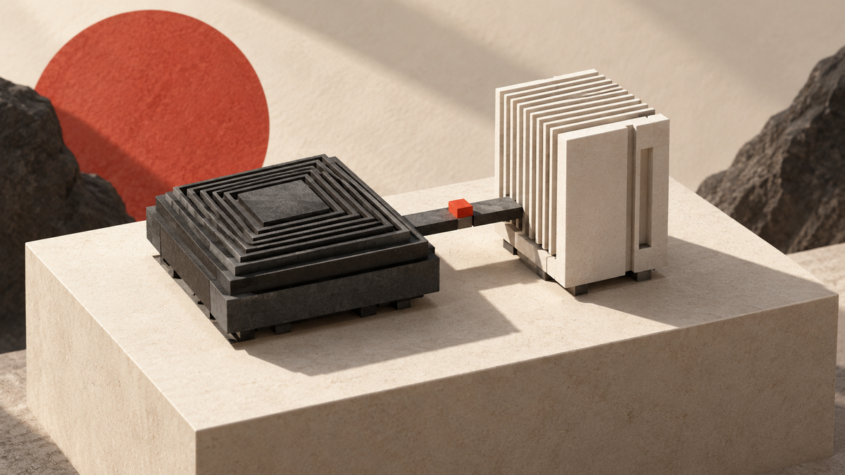 Two contrasting chip-like sculptures linked by a narrow bridge carrying a small red signal block.