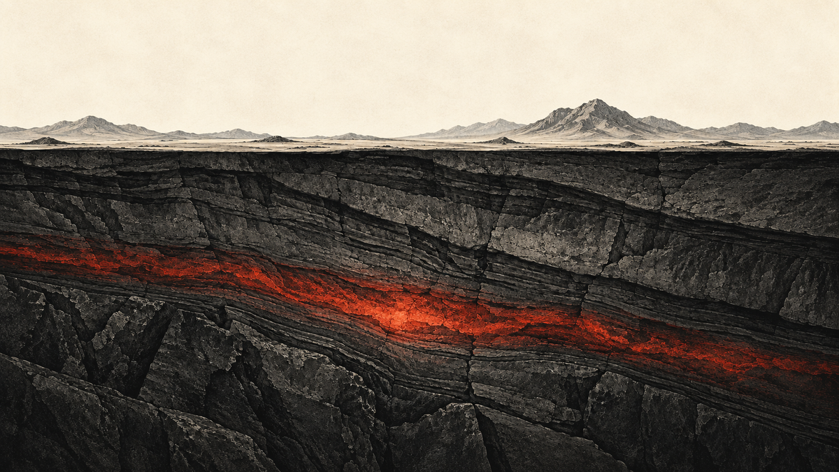 A nonliteral geological cross-section with dark etched rock layers, an ivory mountain horizon and a muted red heat seam.