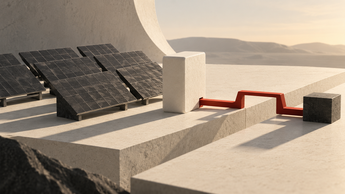Dark solar-panel sculptures beside an ivory battery block, connected across a seam by a red bridge.