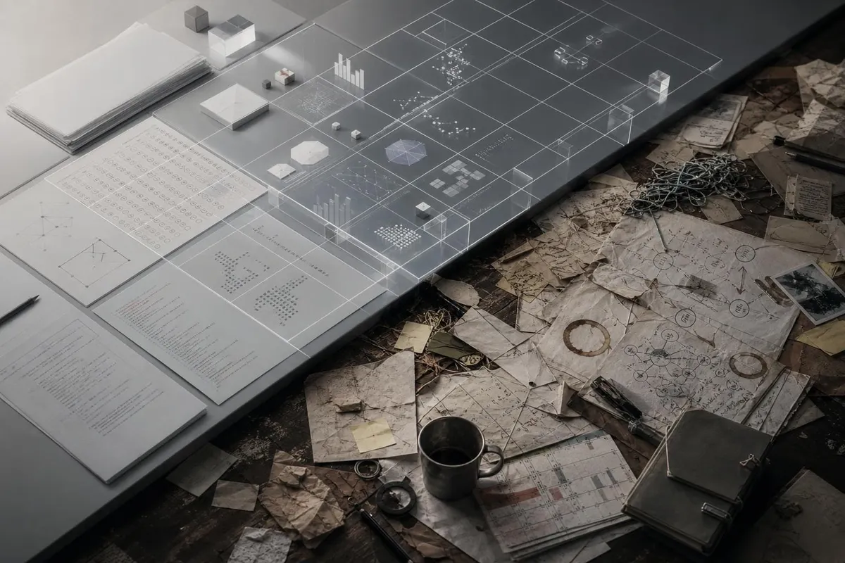 Editorial image showing AI evaluation charts and fragmented capability signals against messy real-world workflows.