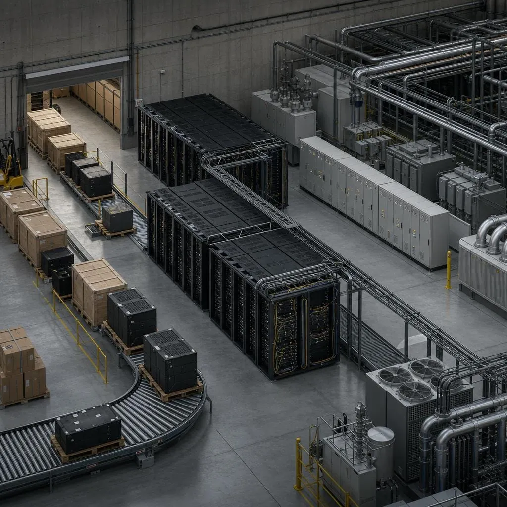 Editorial image of AI chip infrastructure, procurement flow, and data-center power systems, symbolizing compute concentration and the physical bottlenecks shaping AI power.