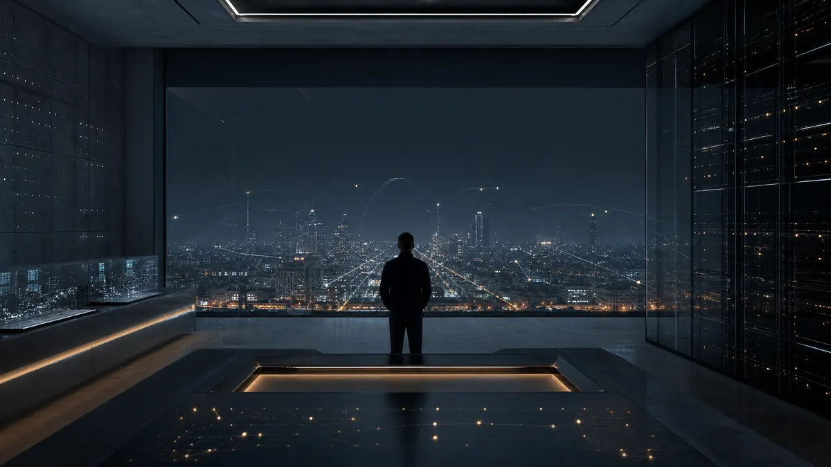 Solitary figure in a dark operations room overlooking a networked city, reflecting persistent AI agents, memory, and accountability in 2026