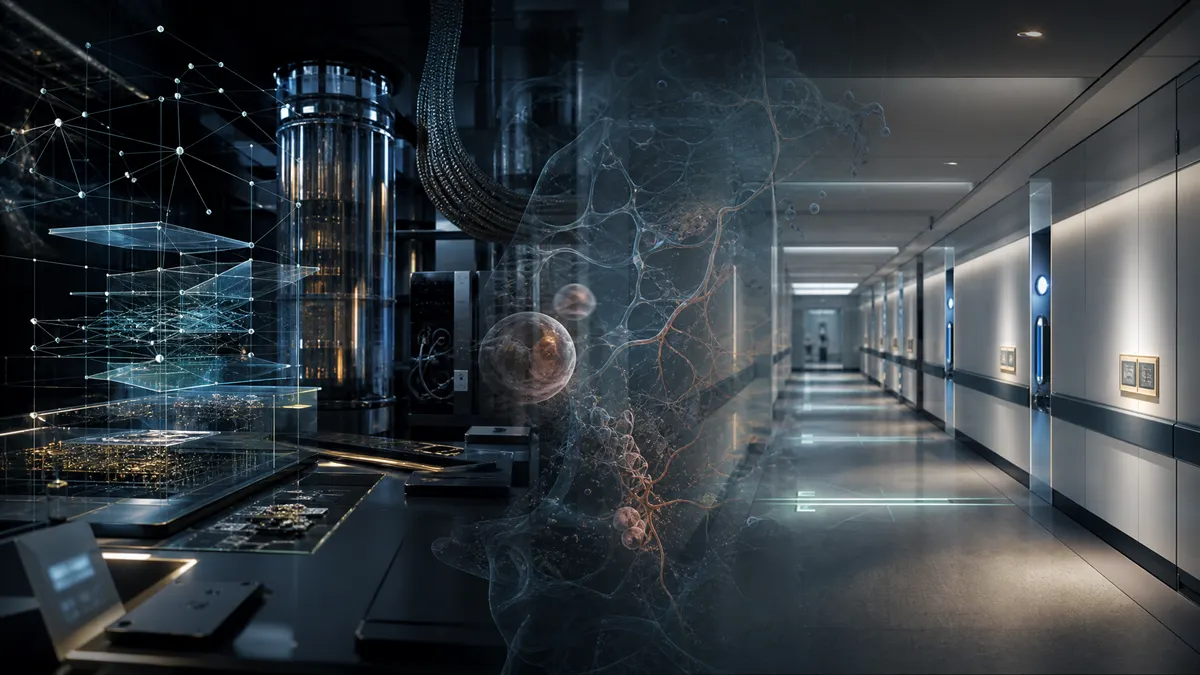 Editorial illustration of AI and quantum systems facing a slower clinical-trial pathway, symbolizing accelerated discovery versus biological reality.