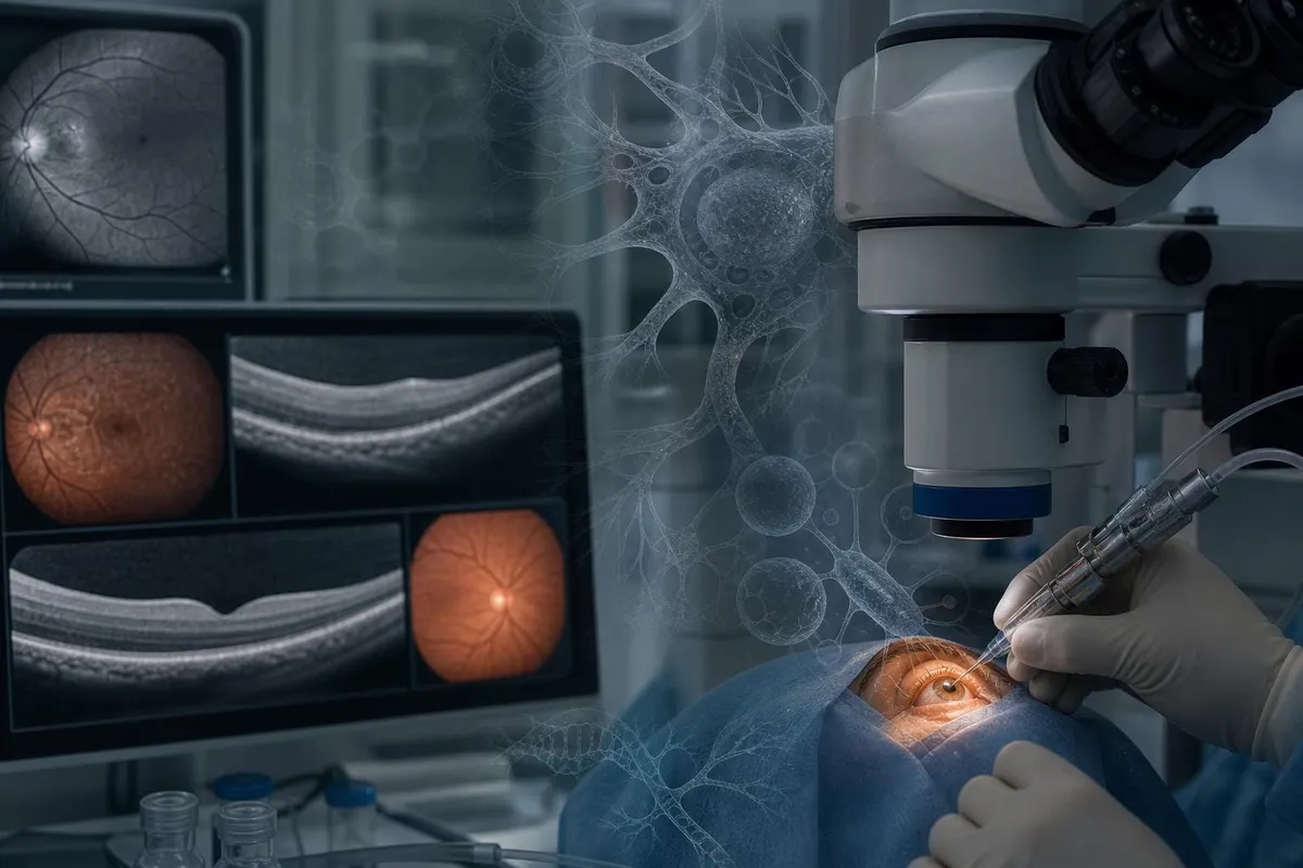 Editorial ophthalmic gene therapy scene with retinal imaging and precise optic tissue treatment, symbolizing the ER-100 human rejuvenation trial.