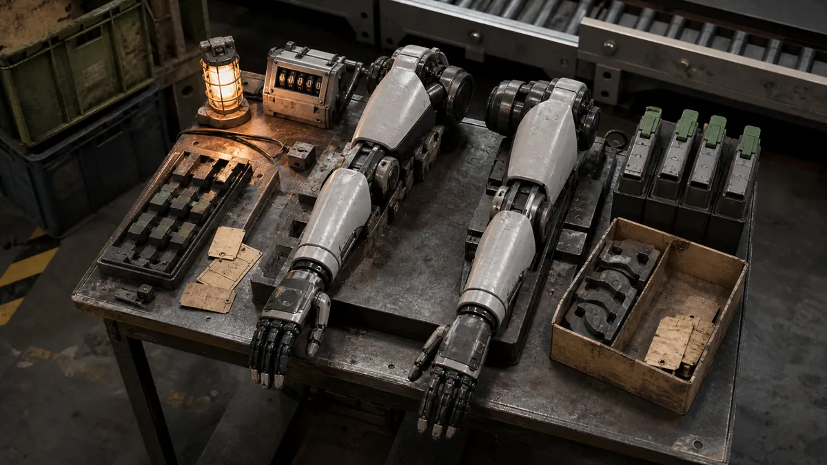 Robotic forearms, battery modules and an uptime counter on a warehouse maintenance bench, showing humanoid robots judged by reliability.