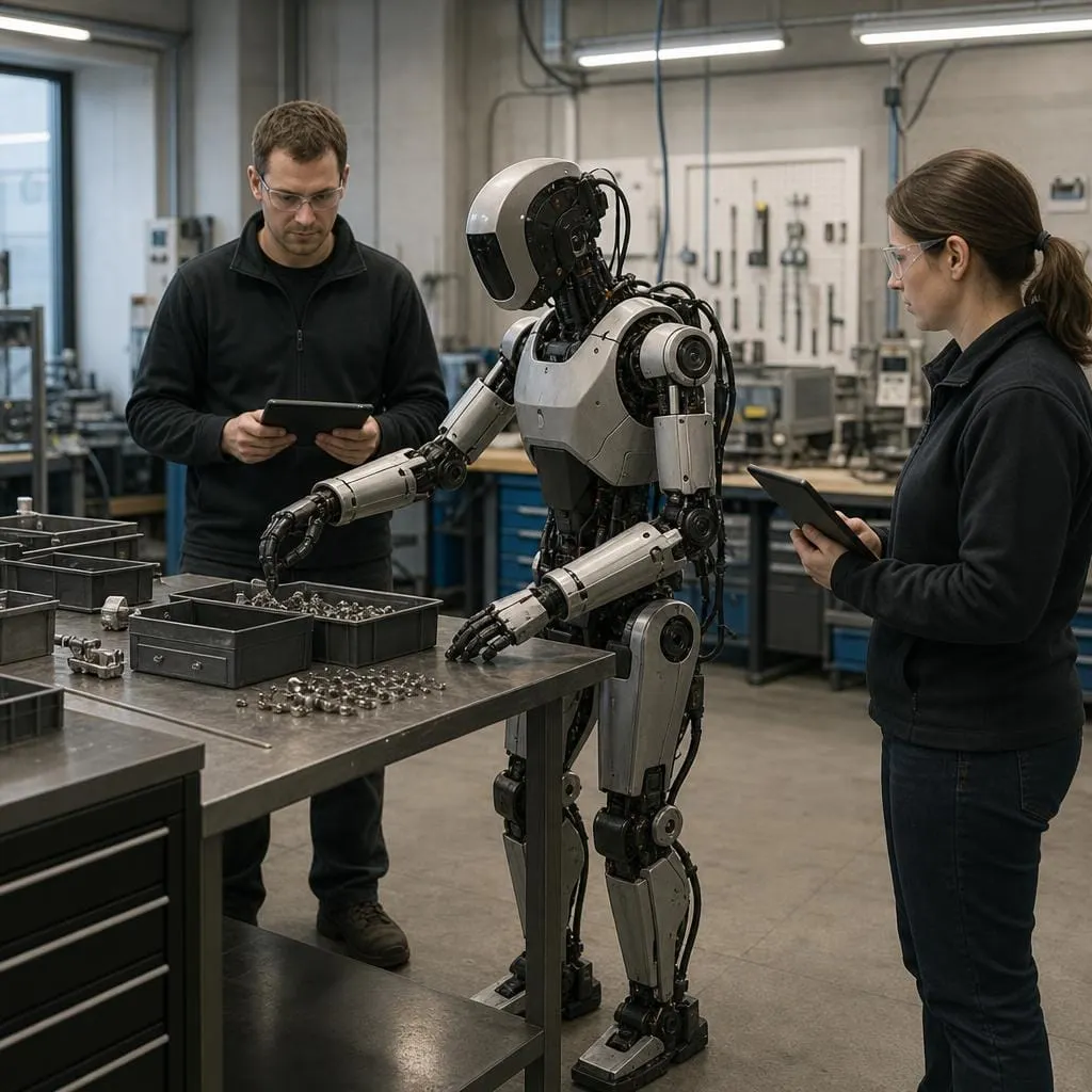 Editorial image of a humanoid robot performing coordinated whole-body manipulation in a supervised workshop, symbolizing unified robot behavior under real-world constraints.