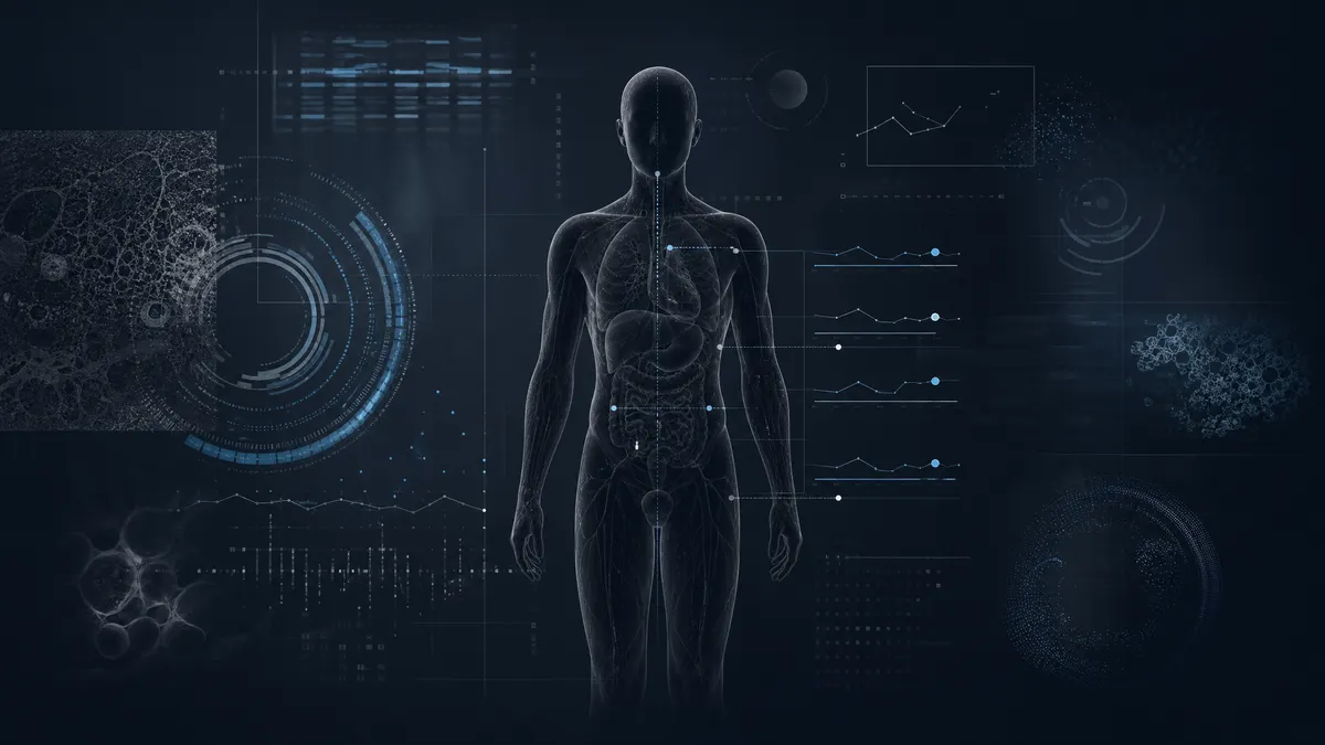 Human silhouette surrounded by biological age dashboards and aging biomarker readouts.