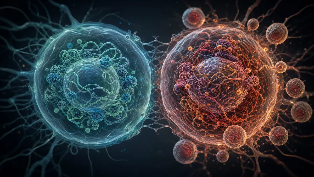 Split biotech illustration showing a controlled cell-regeneration pathway beside a more chaotic reprogramming pathway, symbolizing OSK versus OSKM tradeoffs.