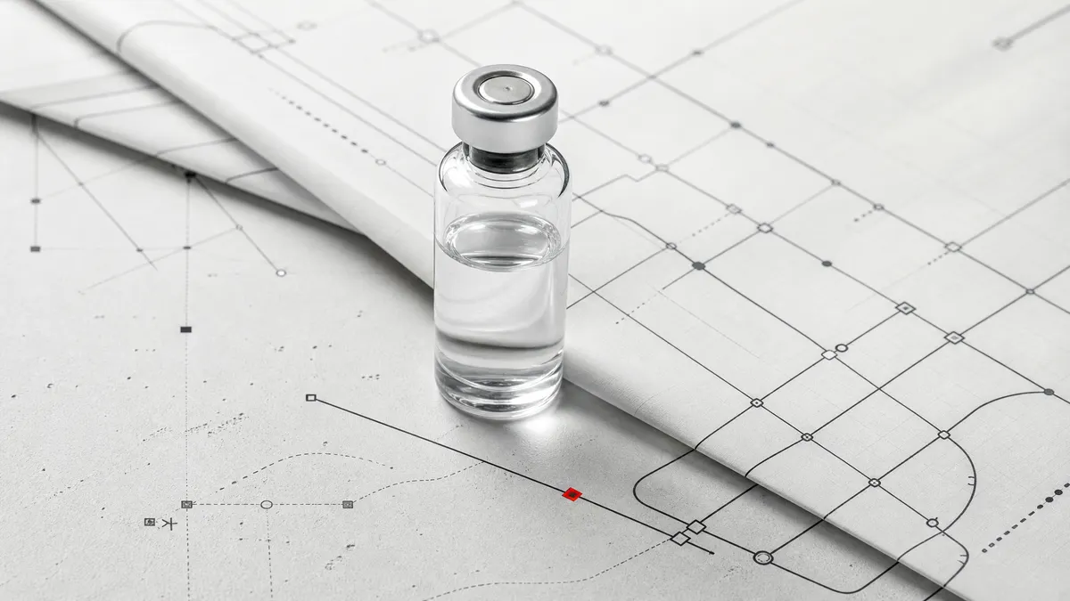 A sterile medicine vial over a modular protocol map, symbolizing personalized CRISPR becoming repeatable medical infrastructure