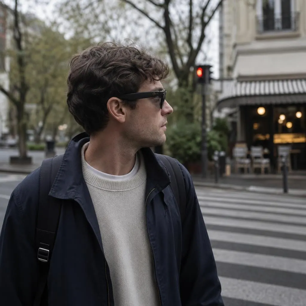 A person wearing black smart glasses and a backpack beside a city street.