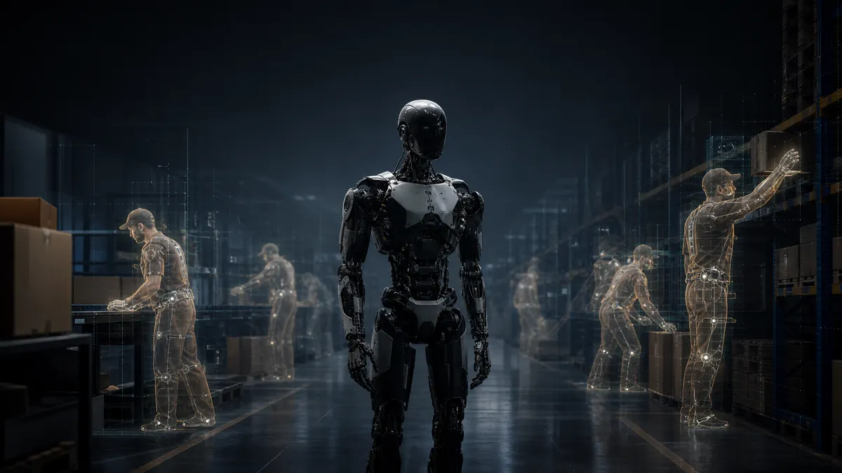 Humanoid robot in a warehouse corridor with faint worker silhouettes behind it, symbolizing hidden labor behind automation.