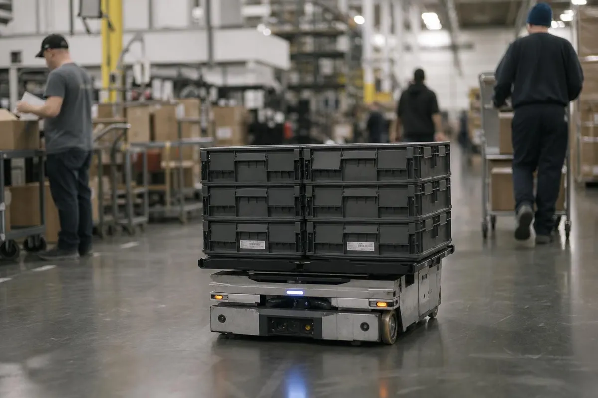 Editorial image of a robot operating in a real mixed human work environment, symbolizing the gradual arrival of robots into everyday systems and society.
