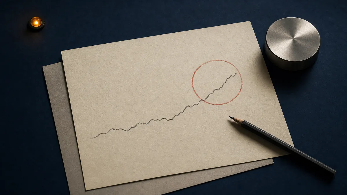 An abstract signal chart, calibration dial, and red pencil mark showing frontier AI warnings as a signal to interpret.