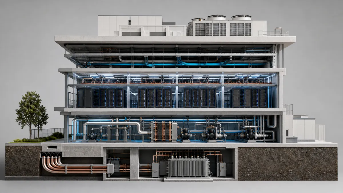 A clean architectural cutaway of AI infrastructure showing power, cooling, compute racks, and fiber as one physical stack.