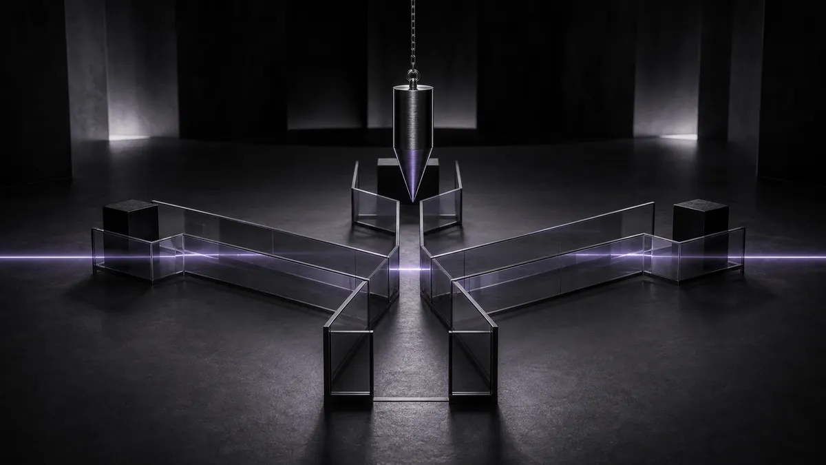 A sculptural glass decision maze with branching paths and a suspended weight, representing AI judgment moving through institutions.