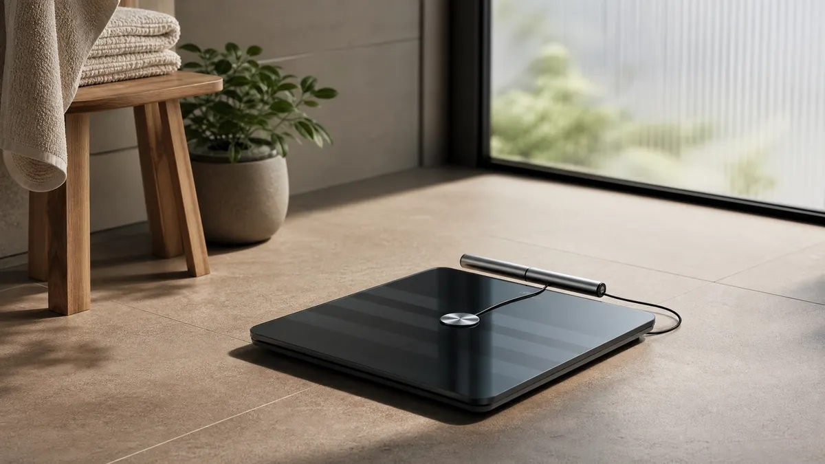 A black glass scale with a wired metal handle on a tiled bathroom floor.