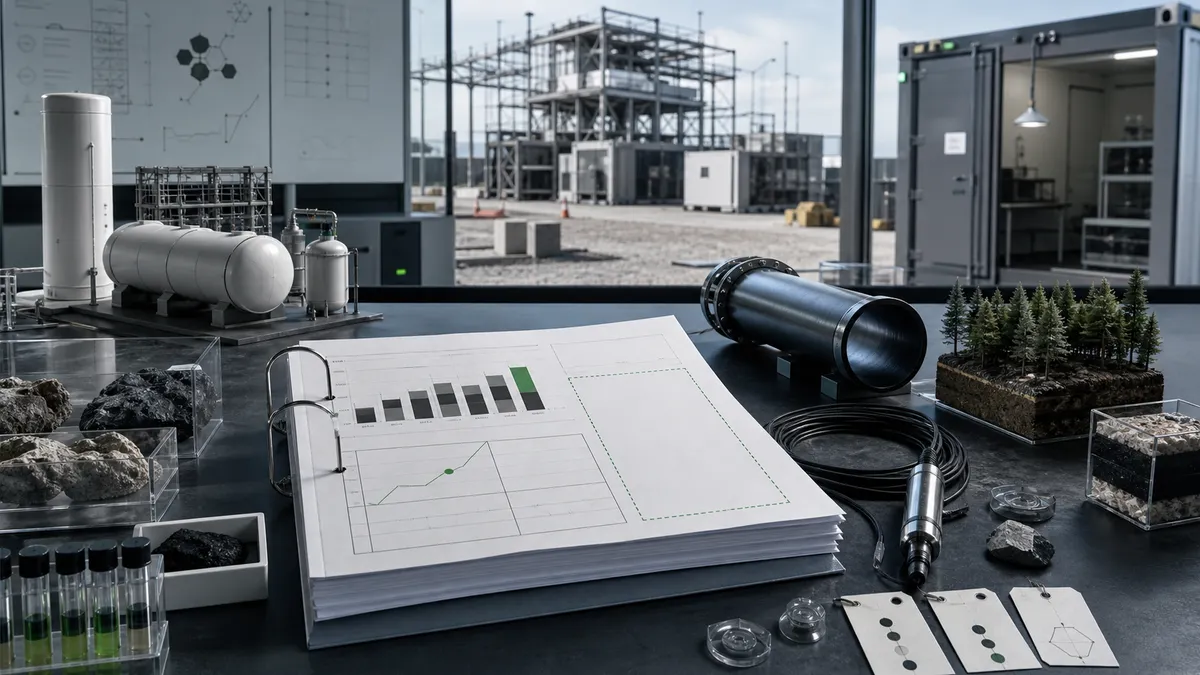 An unfinished carbon removal accounting system beside physical storage models, showing the gap between net-zero promises and verified removals.