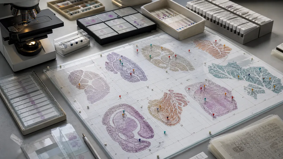 Microscope slides and tissue map tiles pinned on a gridded lab atlas board.