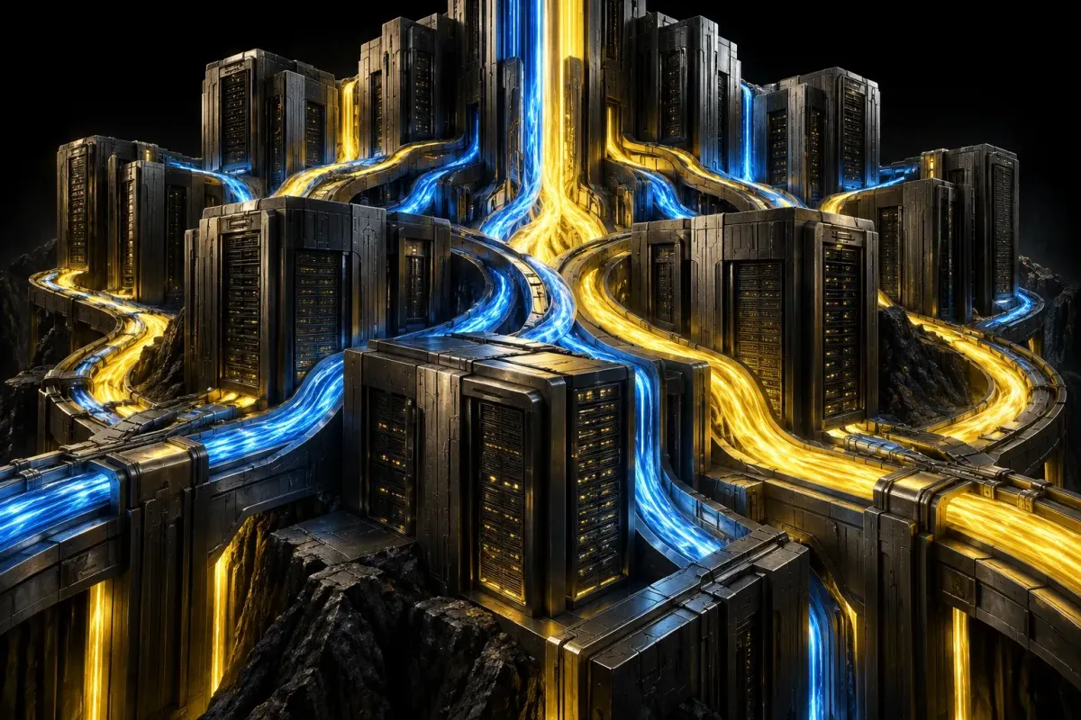 Conceptual graphite server towers connected by flowing blue and yellow ribbons of electricity against black.