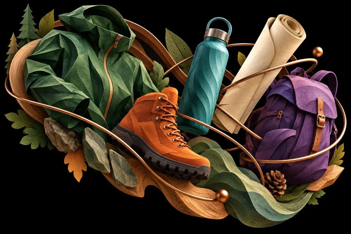 A colorful paper-and-wood-style collection of hiking equipment arranged together against a black background.