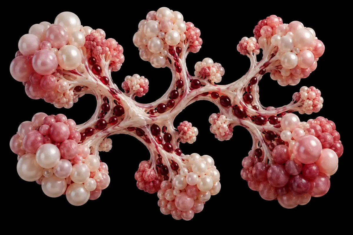 Pearl-colored cell clusters join coral branching channels carrying burgundy beads against a pure black background.