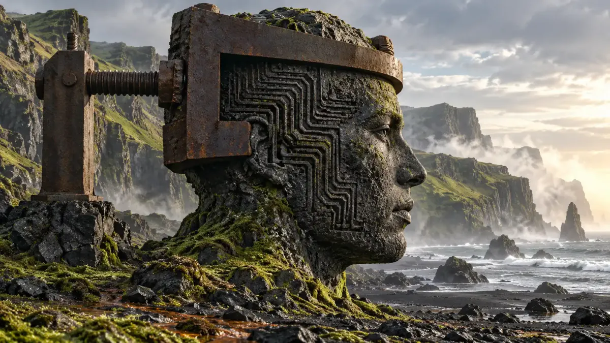 A colossal basalt human profile carved with circuit channels is held by an iron clamp above a mossy Icelandic shore in low sunlight.