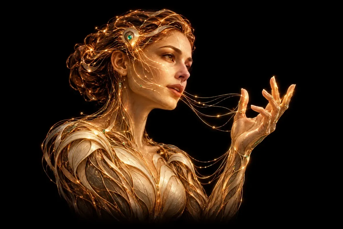 Artistic amber and ivory human bust with a raised conversational hand, joined by luminous filaments on black.