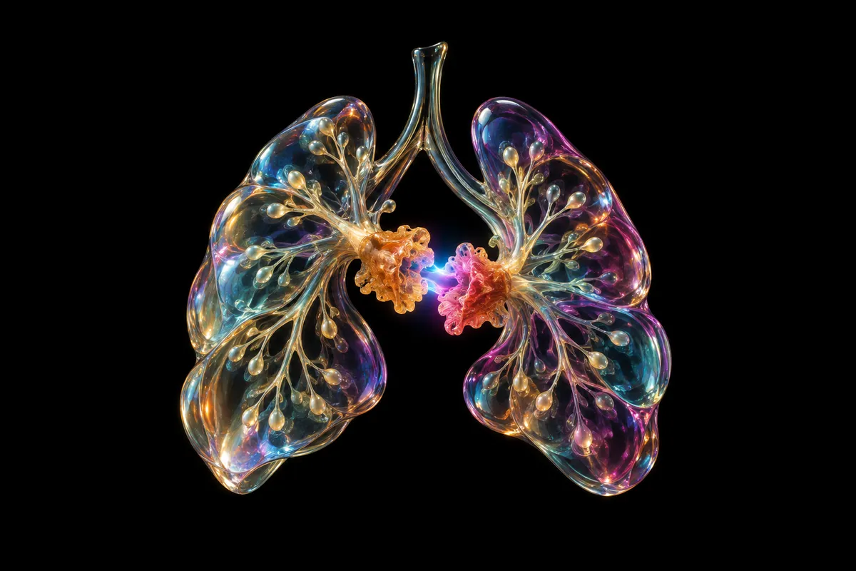 Iridescent glass lungs with golden branches and an opening coral molecular clasp, against a seamless black background.
