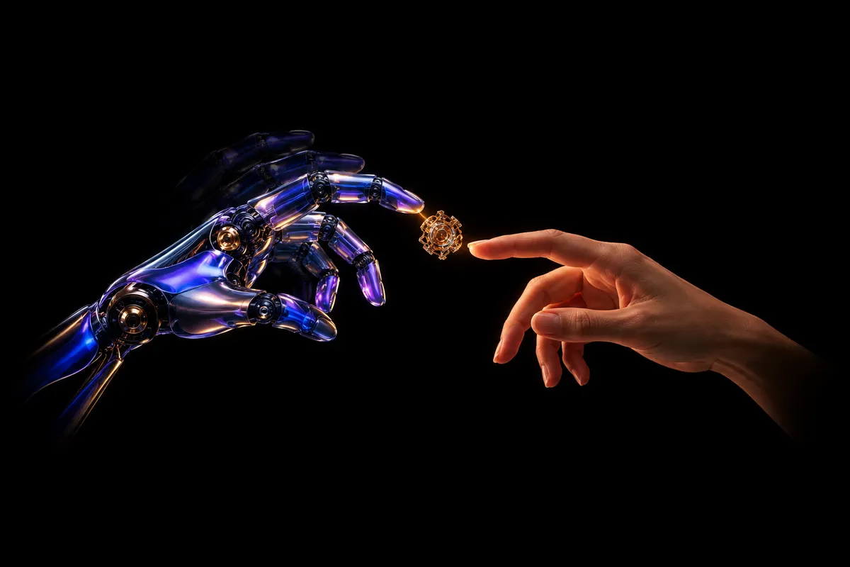 An illuminated robotic hand and human hand approach a small amber component against pure black, representing the transfer of a demonstrated skill.