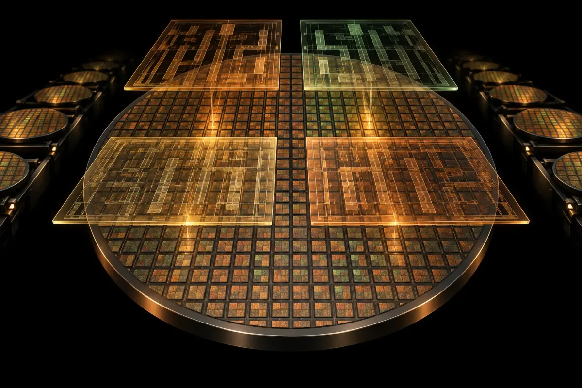 A graphite silicon wafer covered in amber memory dies beneath four aligned copper and green lithography masks on black.