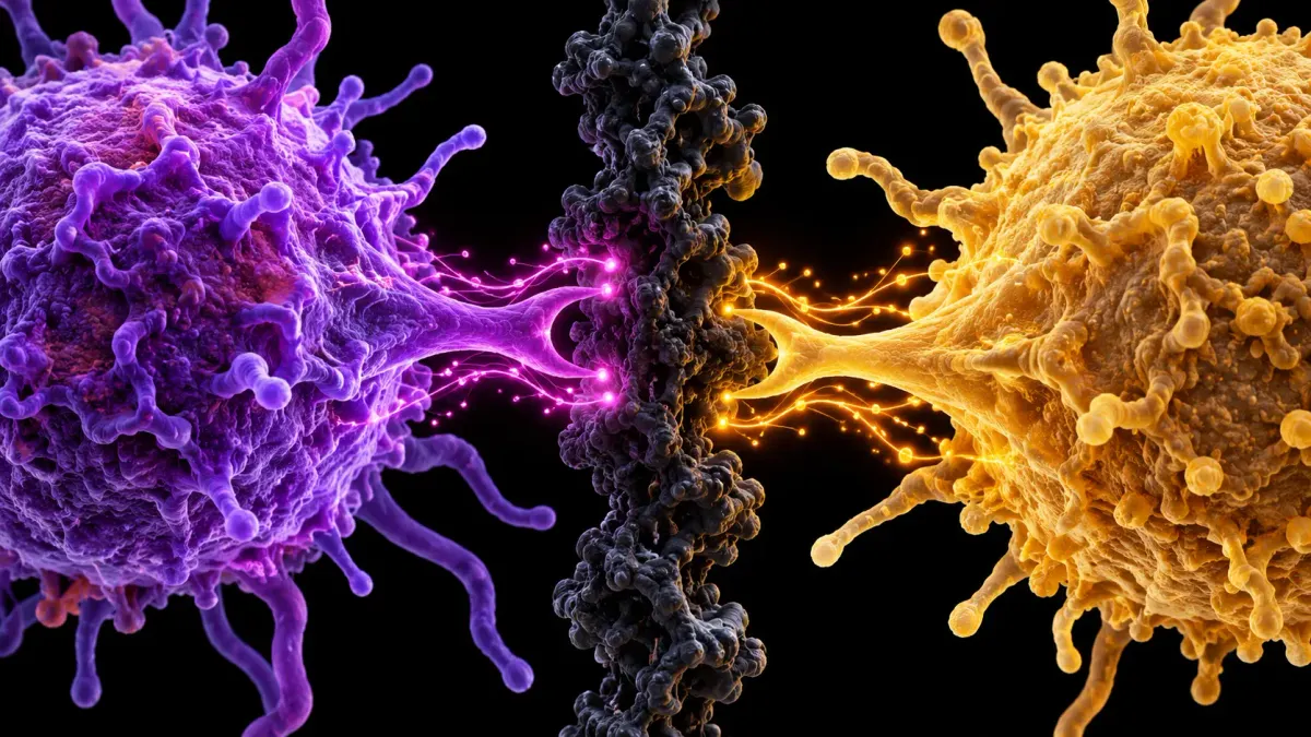 Violet and gold immune cells reach toward each other across a dark molecular barrier on black.