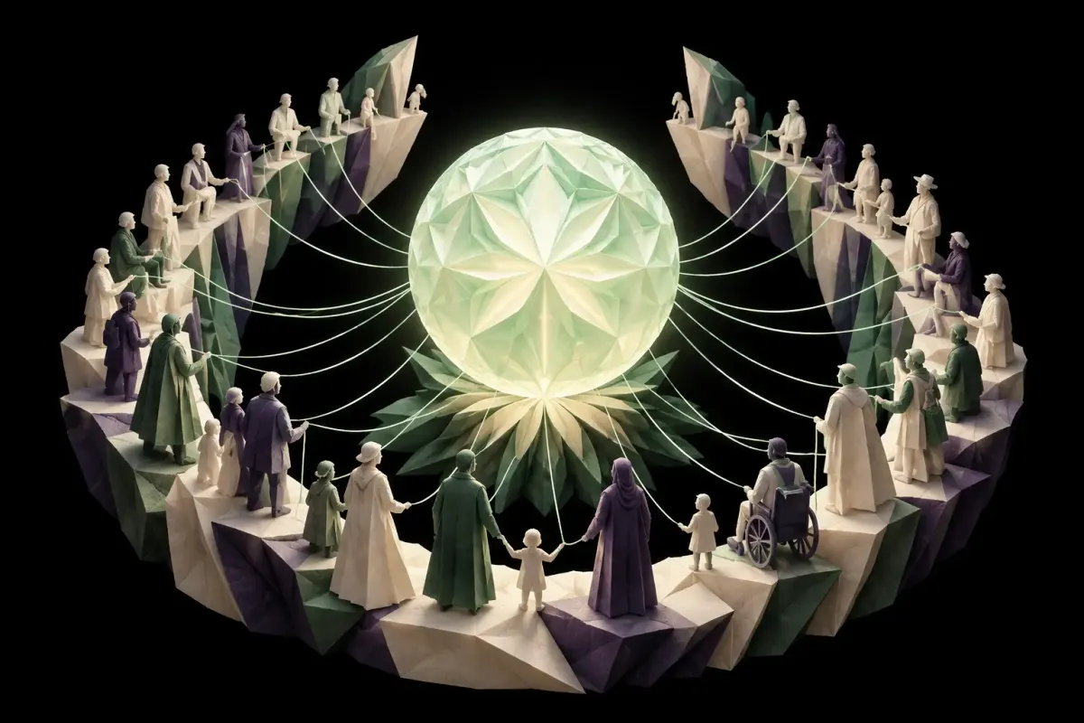 Paper-sculpted people encircle a luminous jade form, connected by threads against black.
