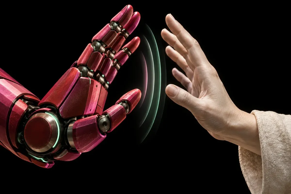A sculptural pink robot hand and a human hand pause facing each other across a small gap on black.