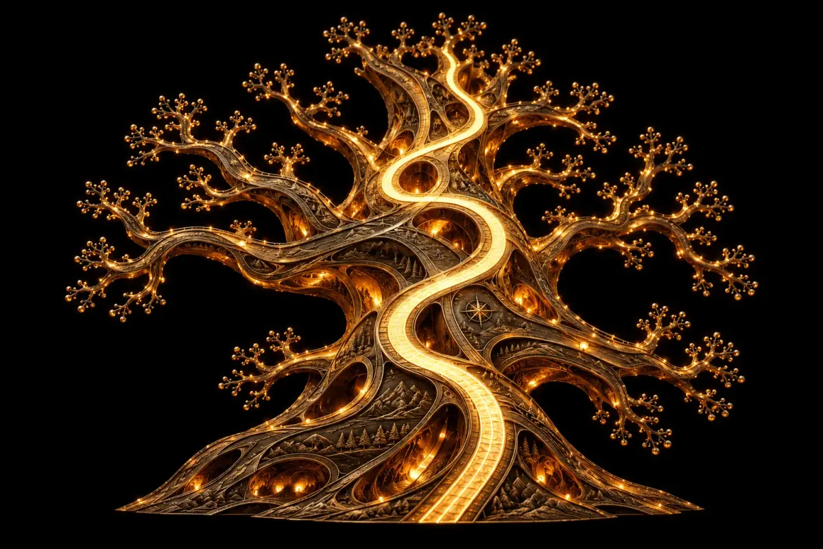 An amber copper tree of branching paths with one luminous route, isolated on black.
